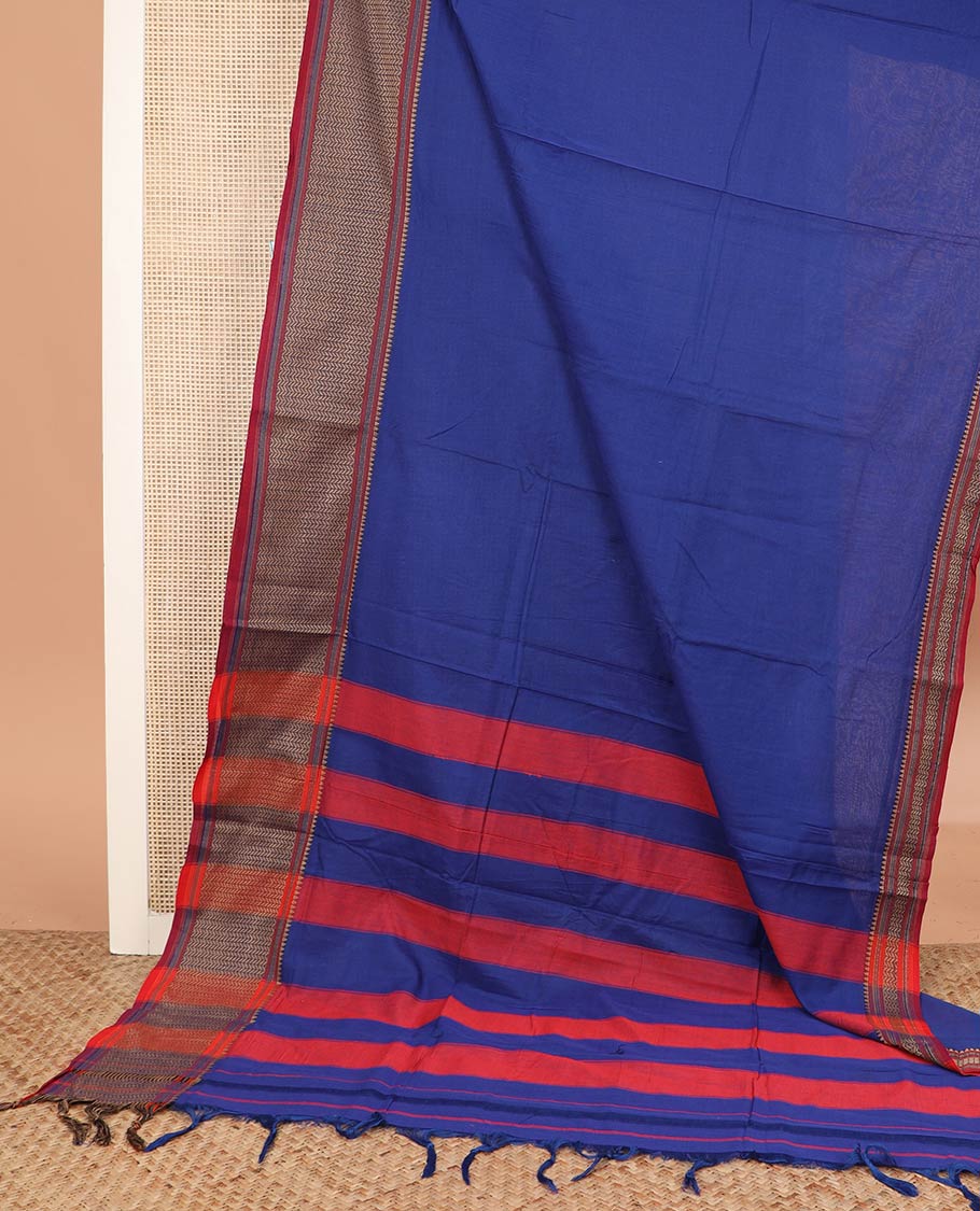 Royal blue plain Narayanpet cotton saree, contrast geometric design border, and striped pallu