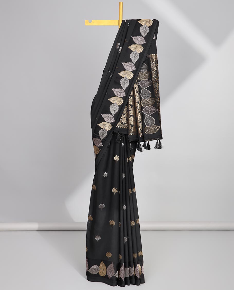 Black floral buttas dola silk saree with self leaf design border & leaf zari design pallu