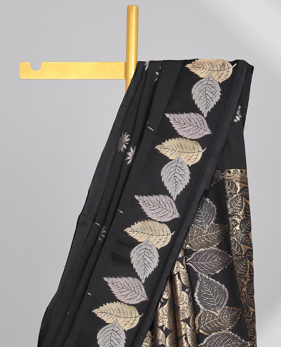 Black floral buttas dola silk saree with self leaf design border & leaf zari design pallu