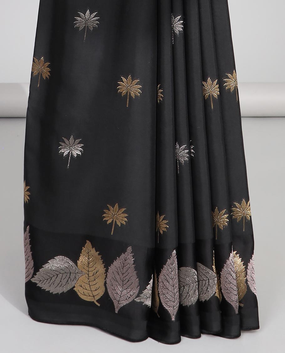 Black floral buttas dola silk saree with self leaf design border & leaf zari design pallu
