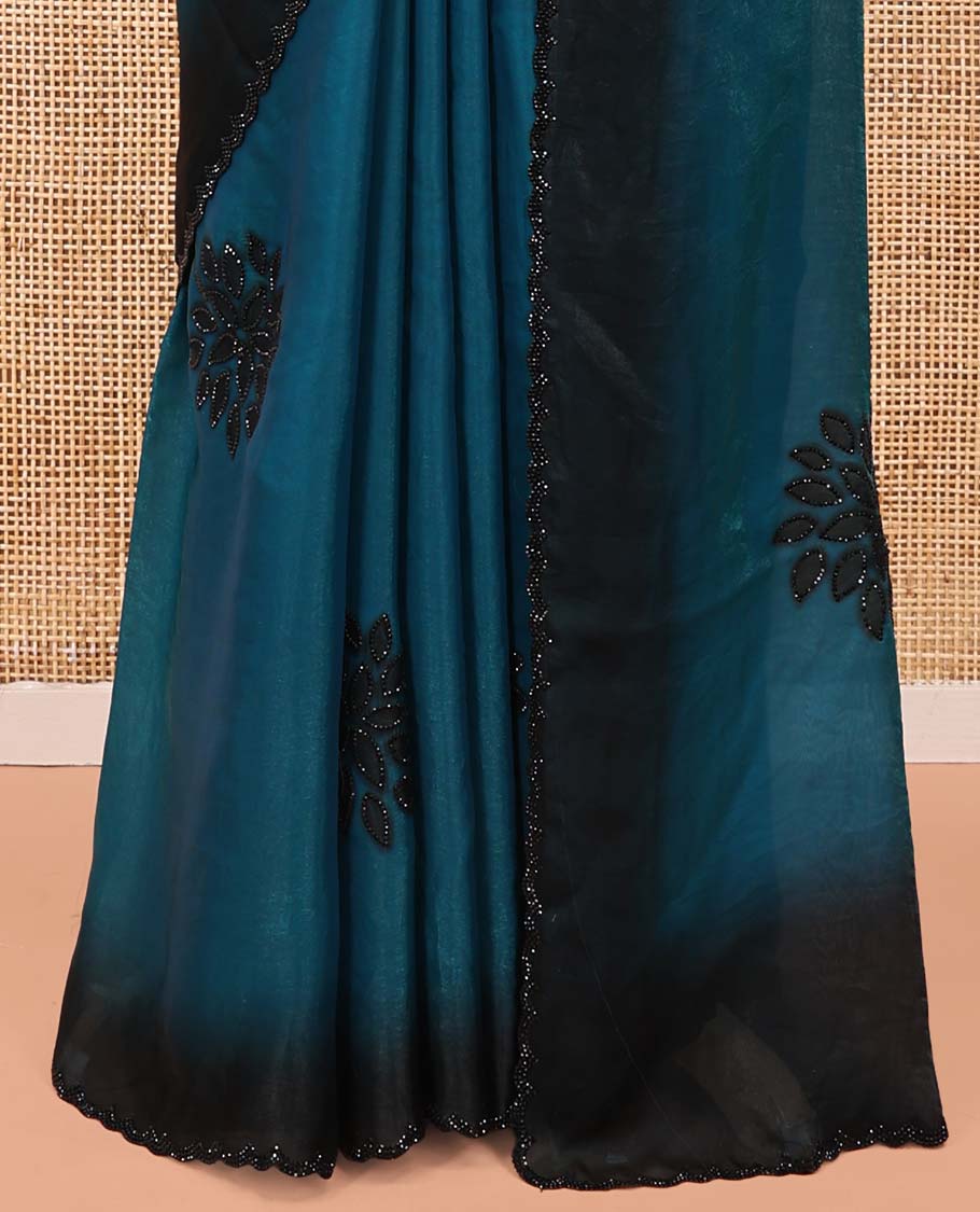 Blue Designer Saree, Accentuated with Floral Print and Outline Stone Work All Over Its Body, Scallop Embroidered Border, and Paired with a Matching Blouse