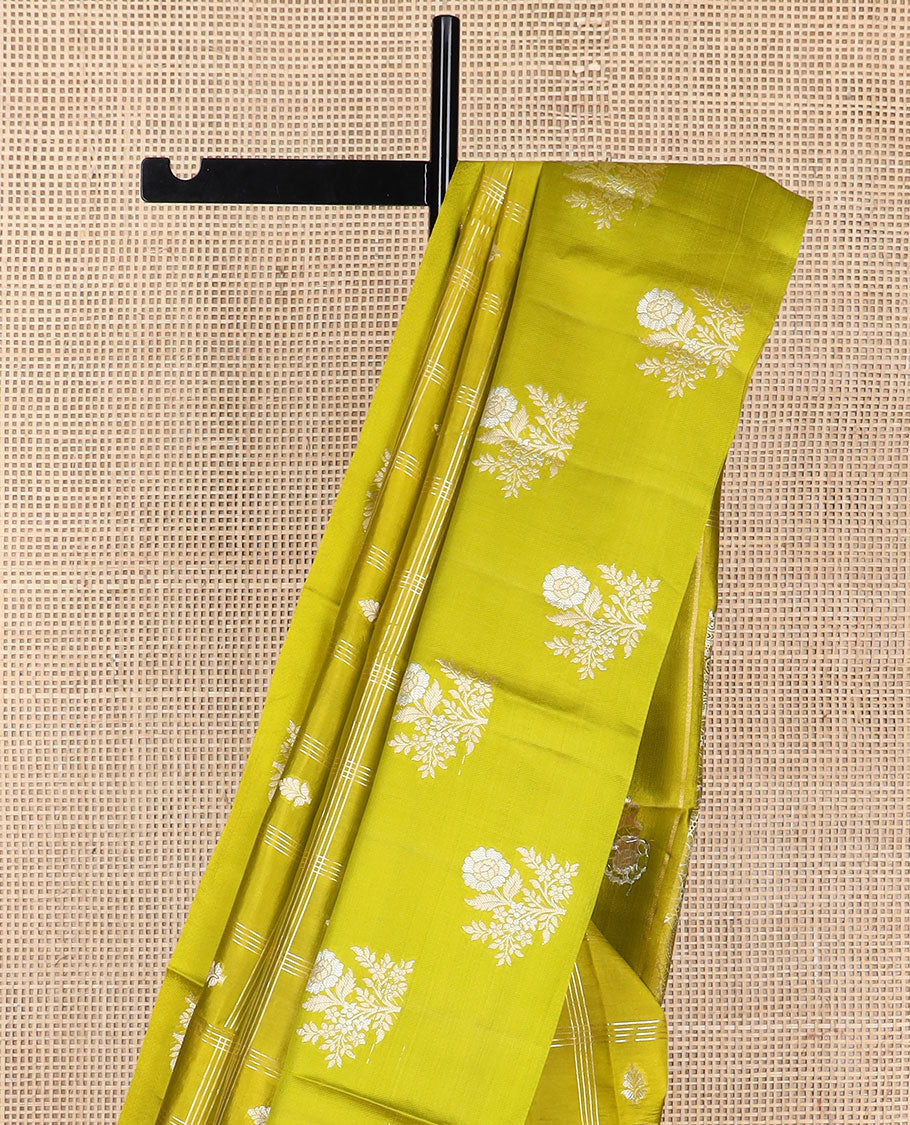 Green checkered, floral motifs raw mango silk saree with contrast floral design border & jaal design pallu