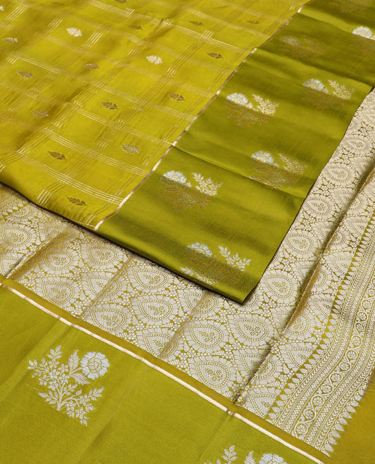 Green checkered, floral motifs raw mango silk saree with contrast floral design border & jaal design pallu