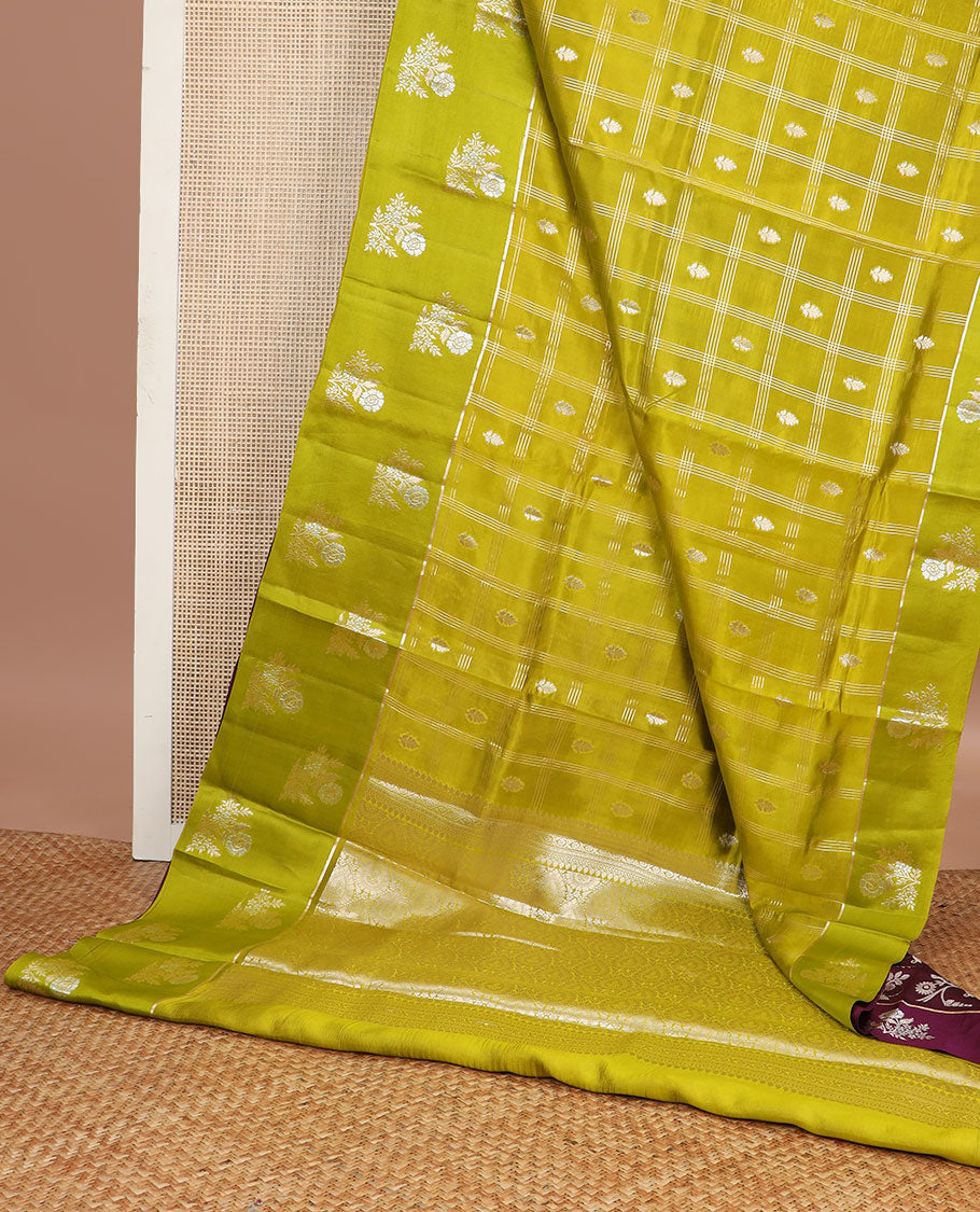 Green checkered, floral motifs raw mango silk saree with contrast floral design border & jaal design pallu