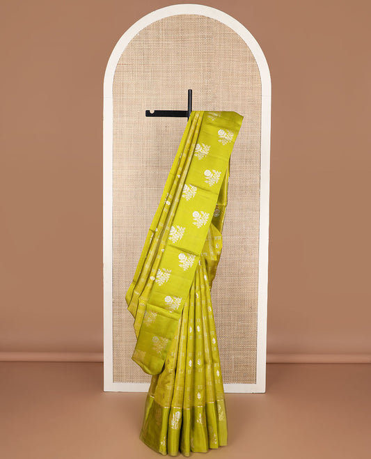 Green checkered, floral motifs raw mango silk saree with contrast floral design border & jaal design pallu