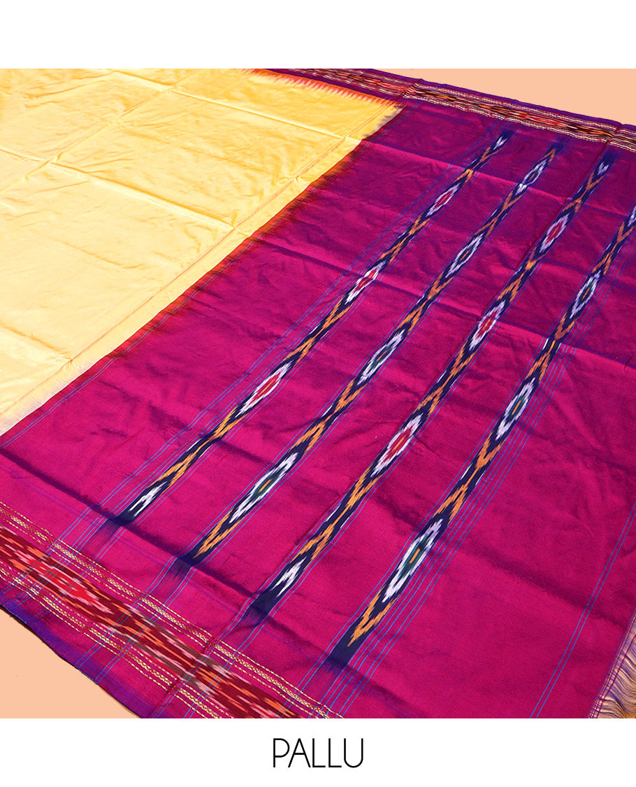 Yellow Plain Pochampally Ikat Silk Saree, Complemented by a Contrast Ikat Textured Border, Ikat Pallu, and No Blouse