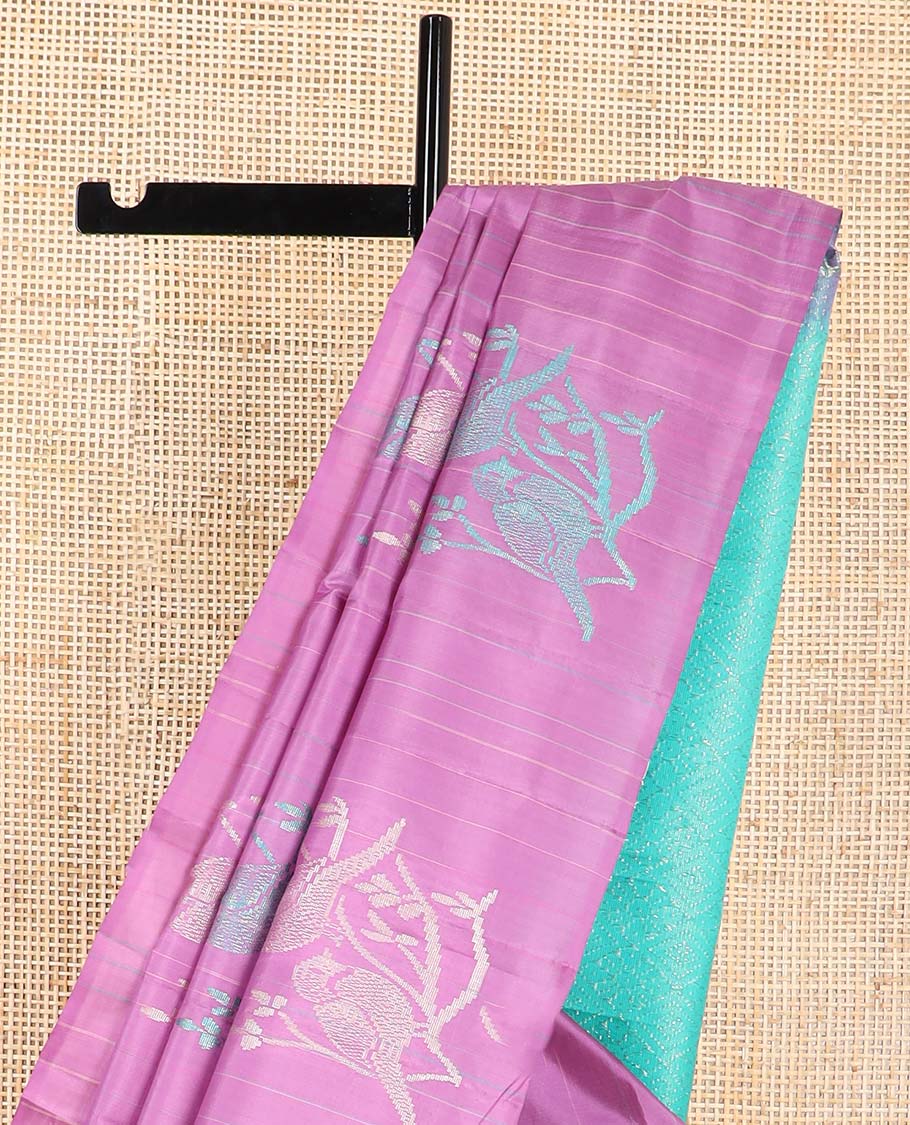 Borderless pink bird design kancheepuram silk sareee with geometric design pallu