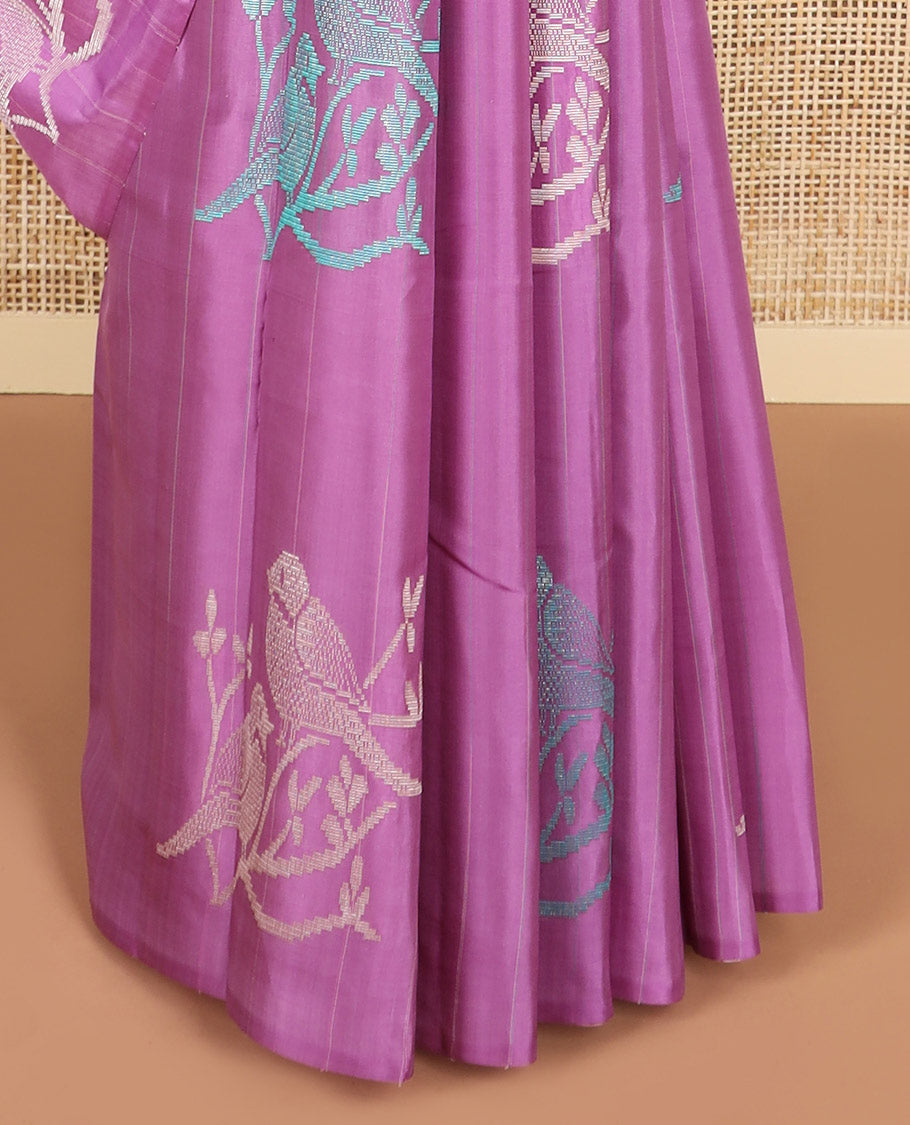 Borderless pink bird design kancheepuram silk sareee with geometric design pallu