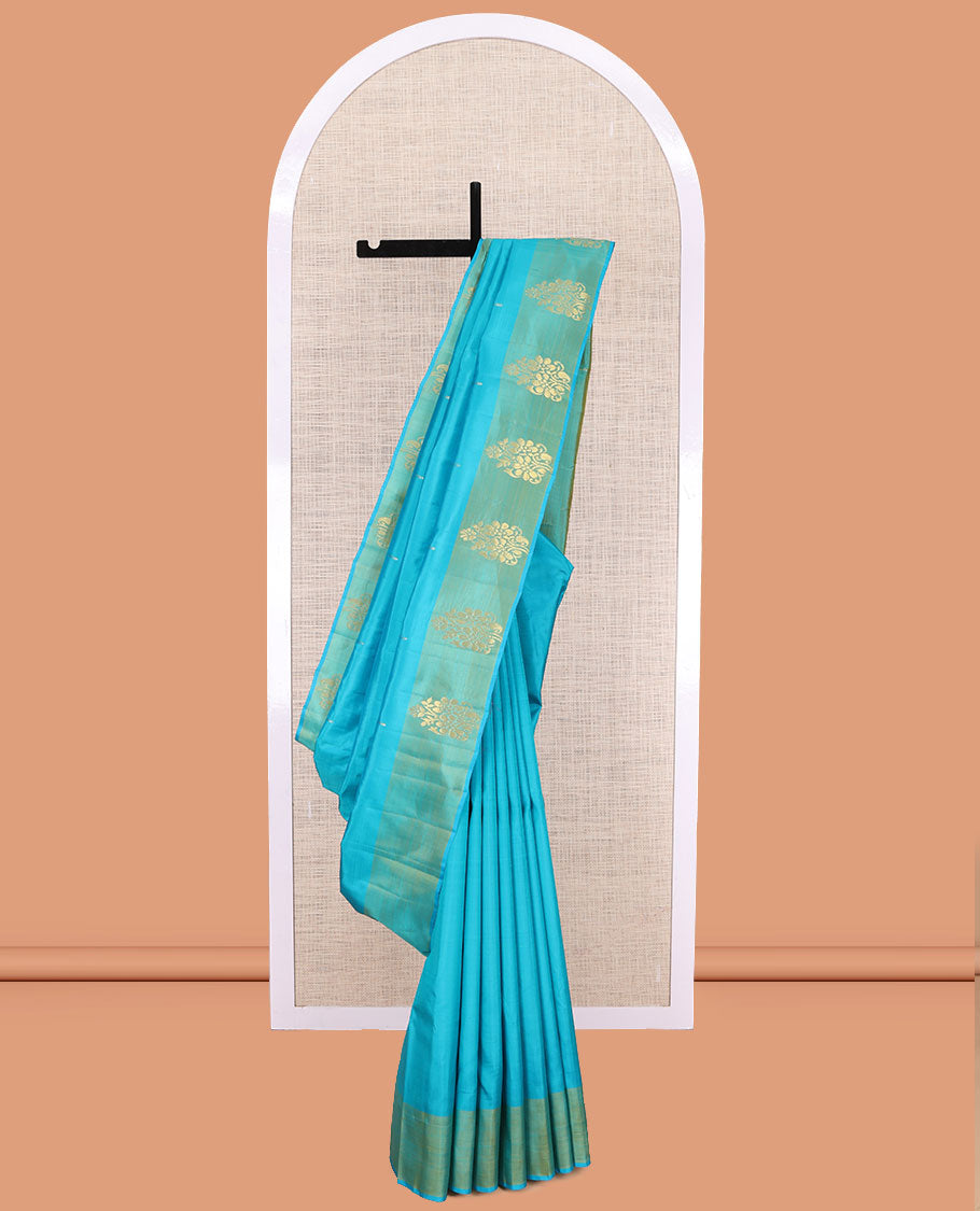 Blue Kanchipuram Silk Saree, Woven with Buttas, a Contrast Zari Buttas Border, Zari Design Pallu, and a Contrast Blouse