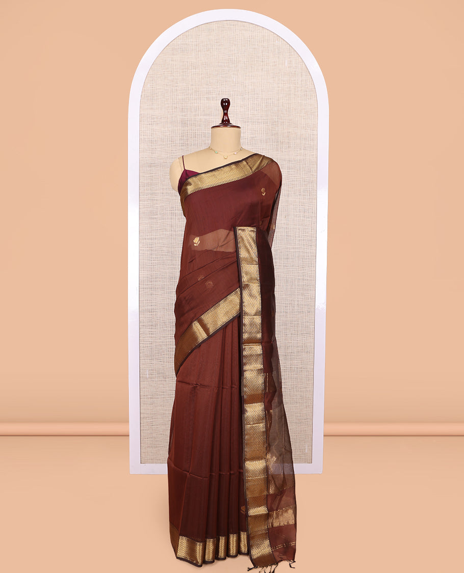 Brown Maheshwari Cotton Saree, Accentuated with Buttas, Highlighted by a Traditional Zari Border, Zari Gleamed Up Pallu, and a Matching Blouse