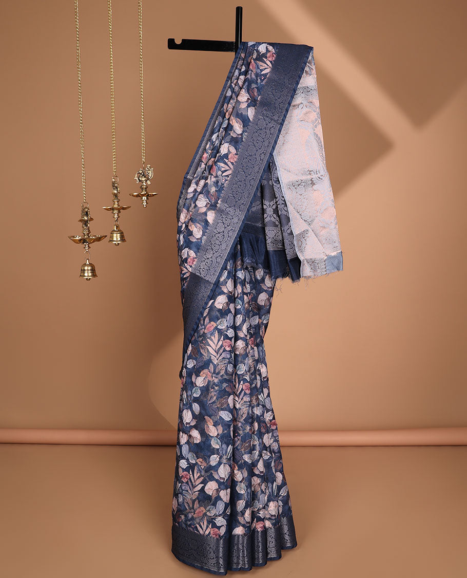 Grey floral digital print semi-dupion saree with self zari weaving border