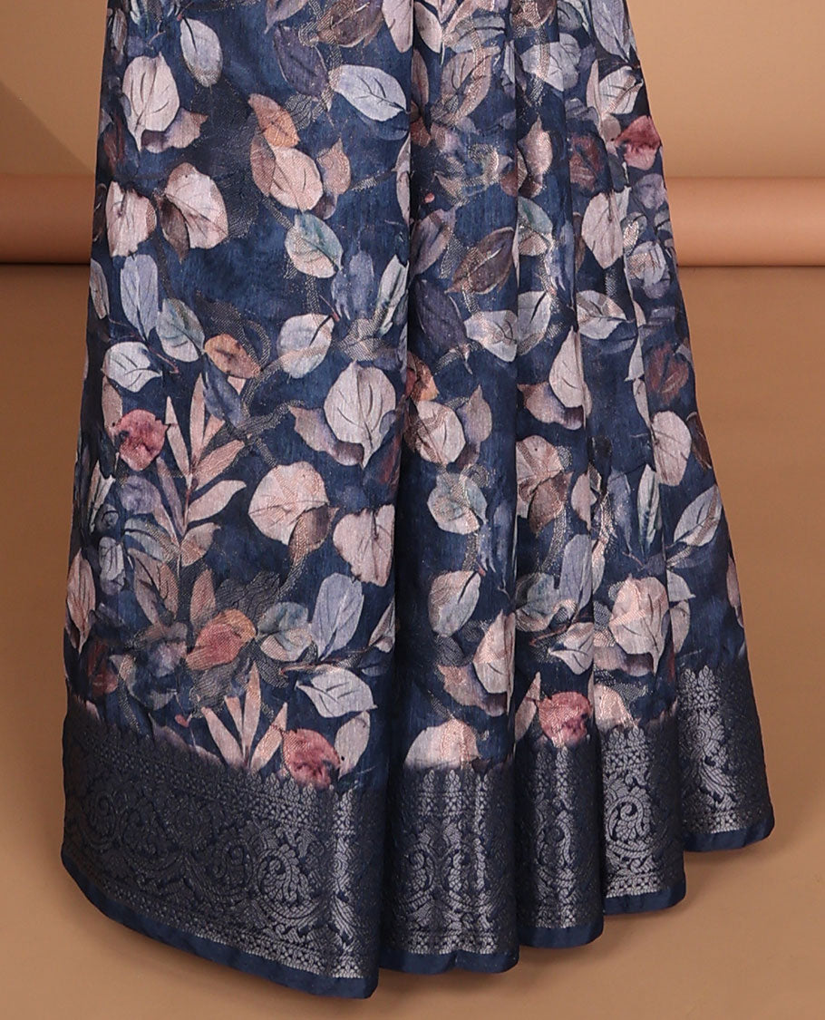 Grey floral digital print semi-dupion saree with self zari weaving border