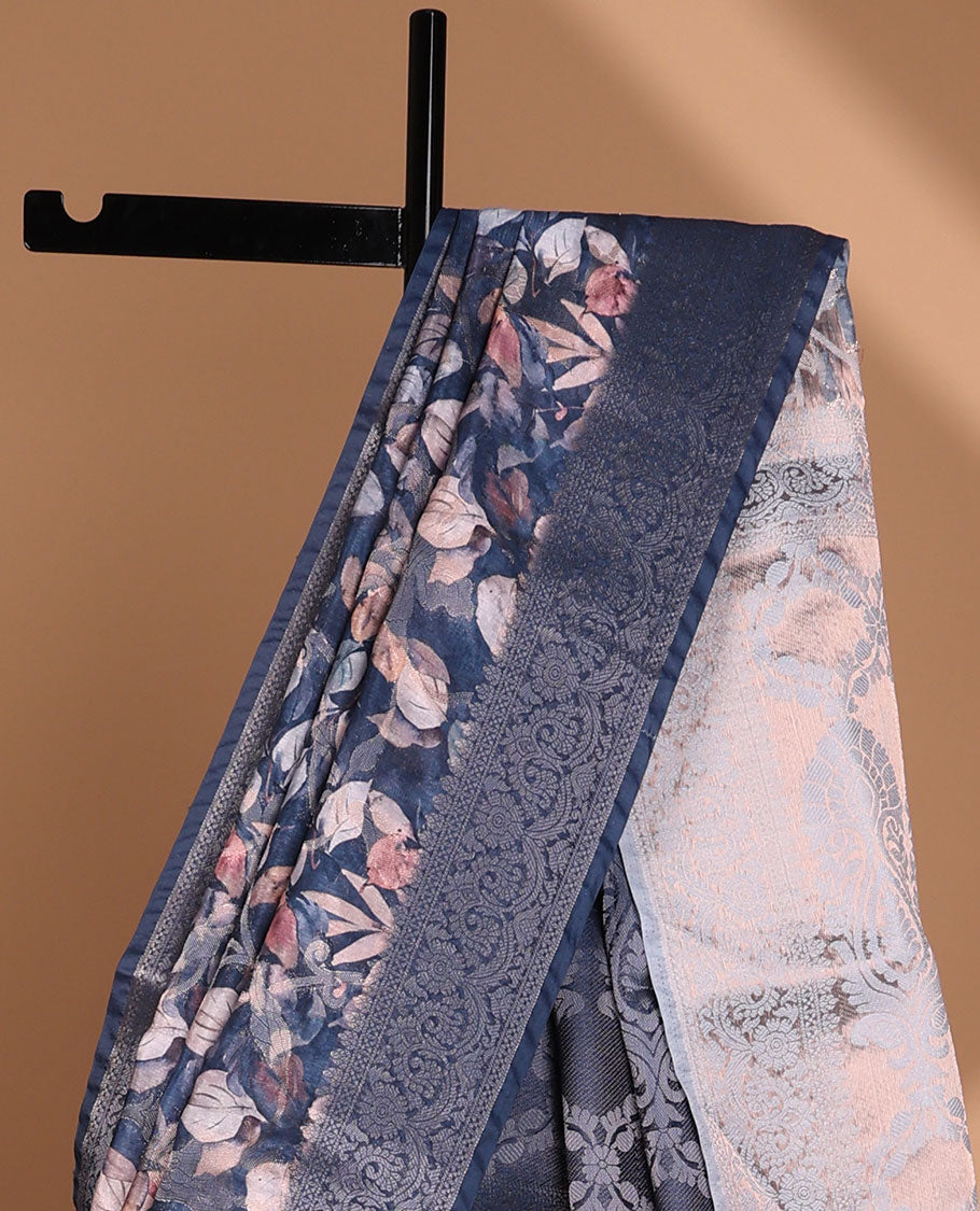 Grey floral digital print semi-dupion saree with self zari weaving border