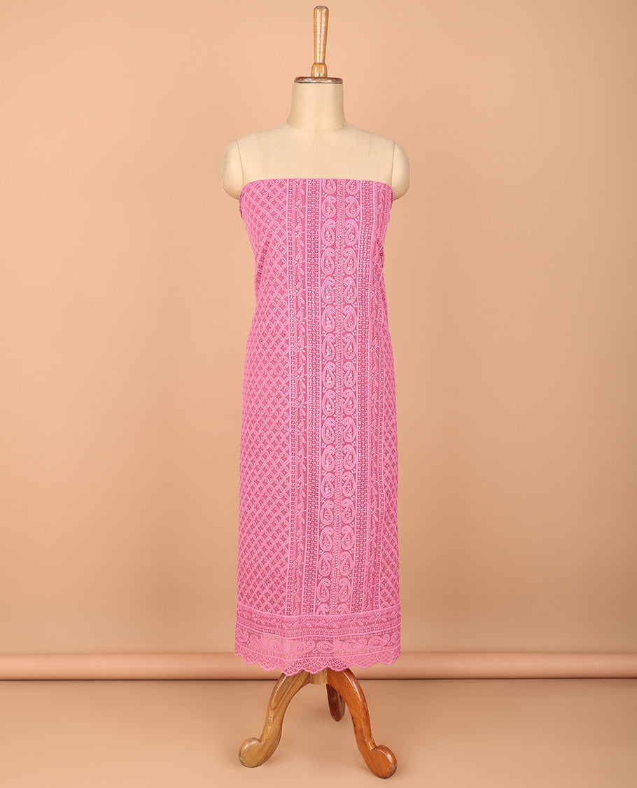 Pink chudidhar material set Georgette lucknowni design embroidery, top daman carry mango design top with crape materil with lining pant & mirror work, scallop border dupatta