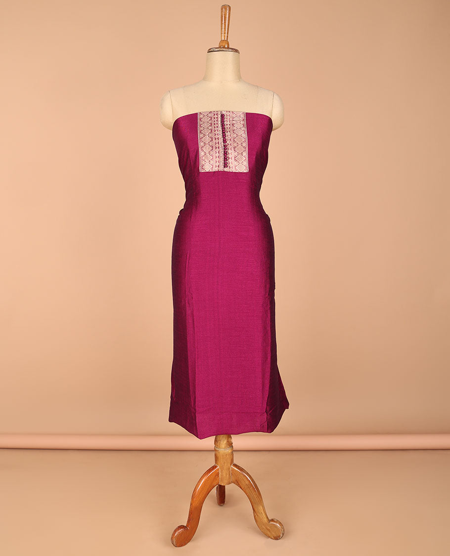 Dark magenta chudidhar matrial vichitra silk neck zari border with bum bum work , santoon material pants & organza banarasi zari border, zari buttas dupatta