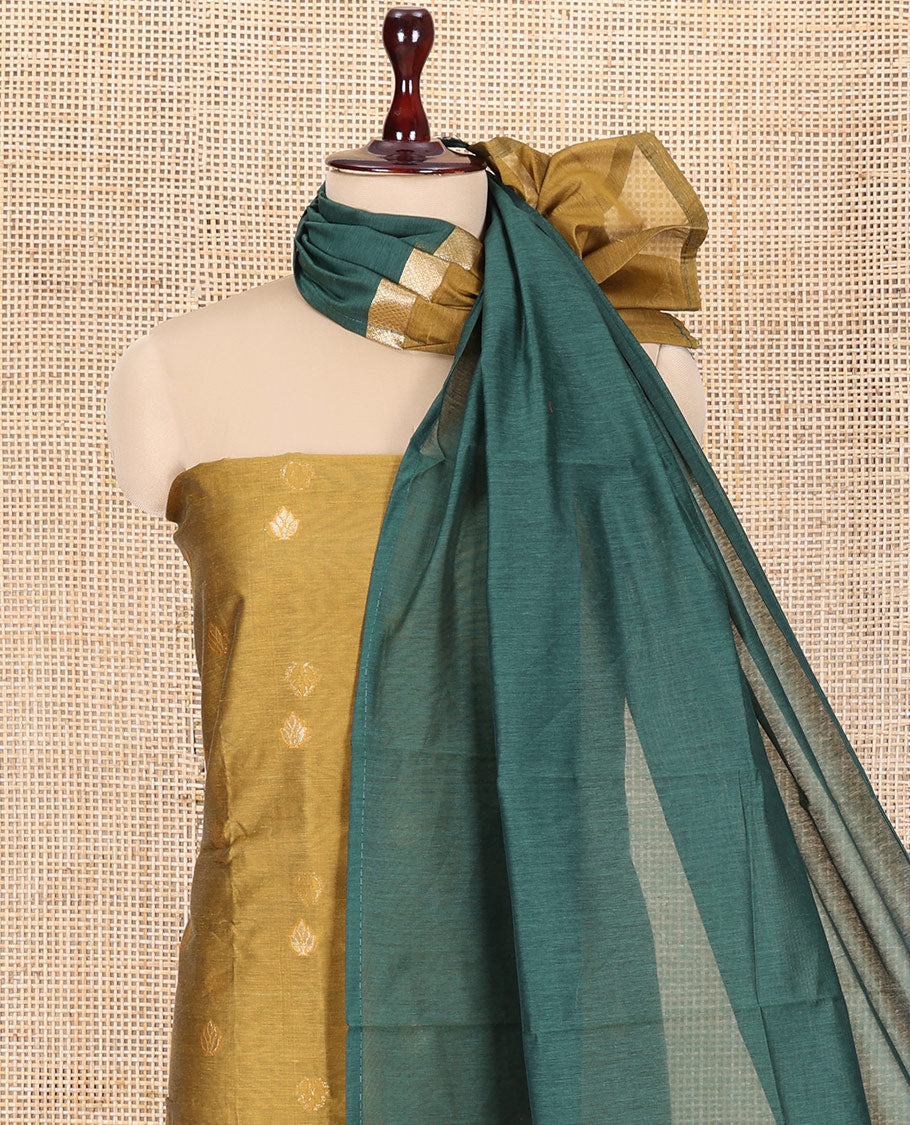 Mustard Yellow Semi-Chanderi Material Churidar Features Floral Buttas Top, a Plain Bottom, and a Contrast Dupatta