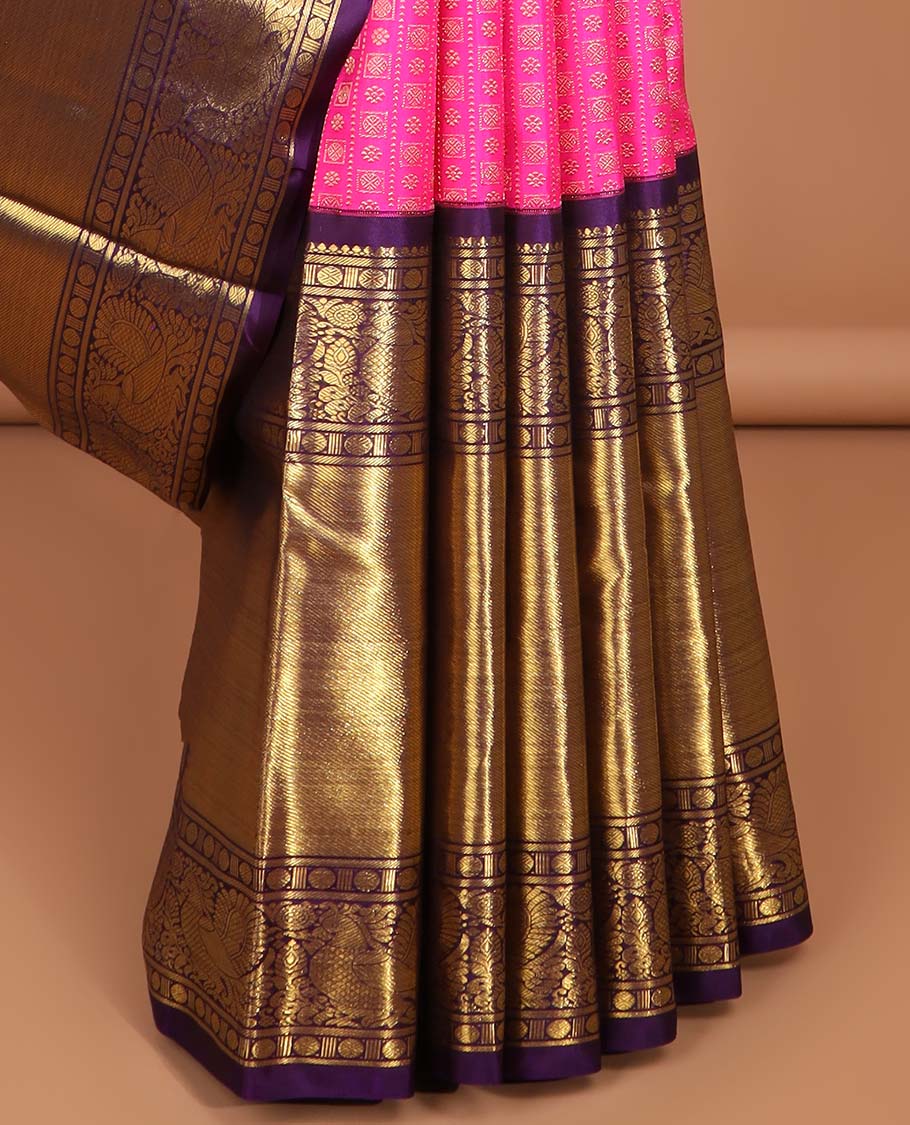 Pink striped, floral buttas samudrika silk saree with contrast border of rekku, mayil, paun, banaras design & zari design pallu