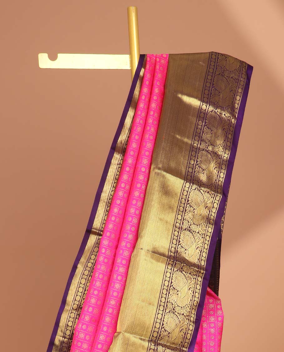 Pink striped, floral buttas samudrika silk saree with contrast border of rekku, mayil, paun, banaras design & zari design pallu