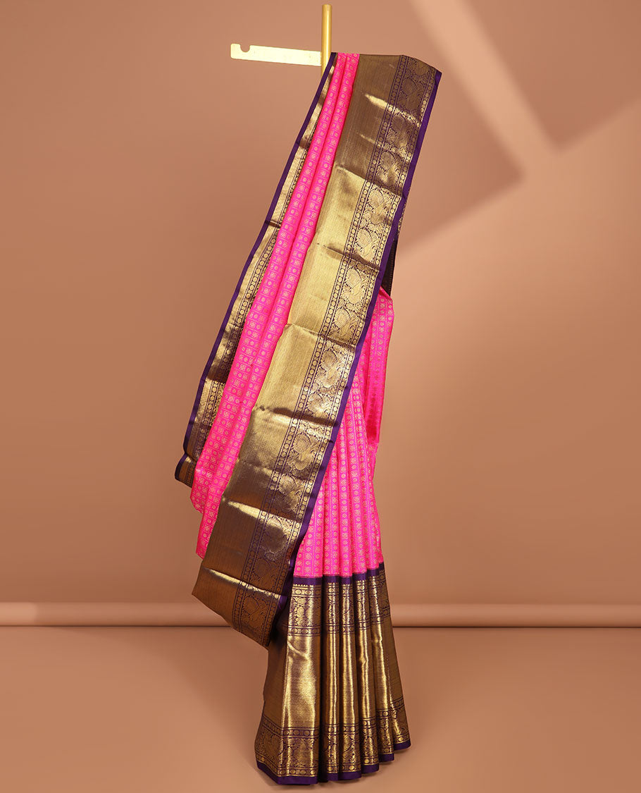 Pink striped, floral buttas samudrika silk saree with contrast border of rekku, mayil, paun, banaras design & zari design pallu