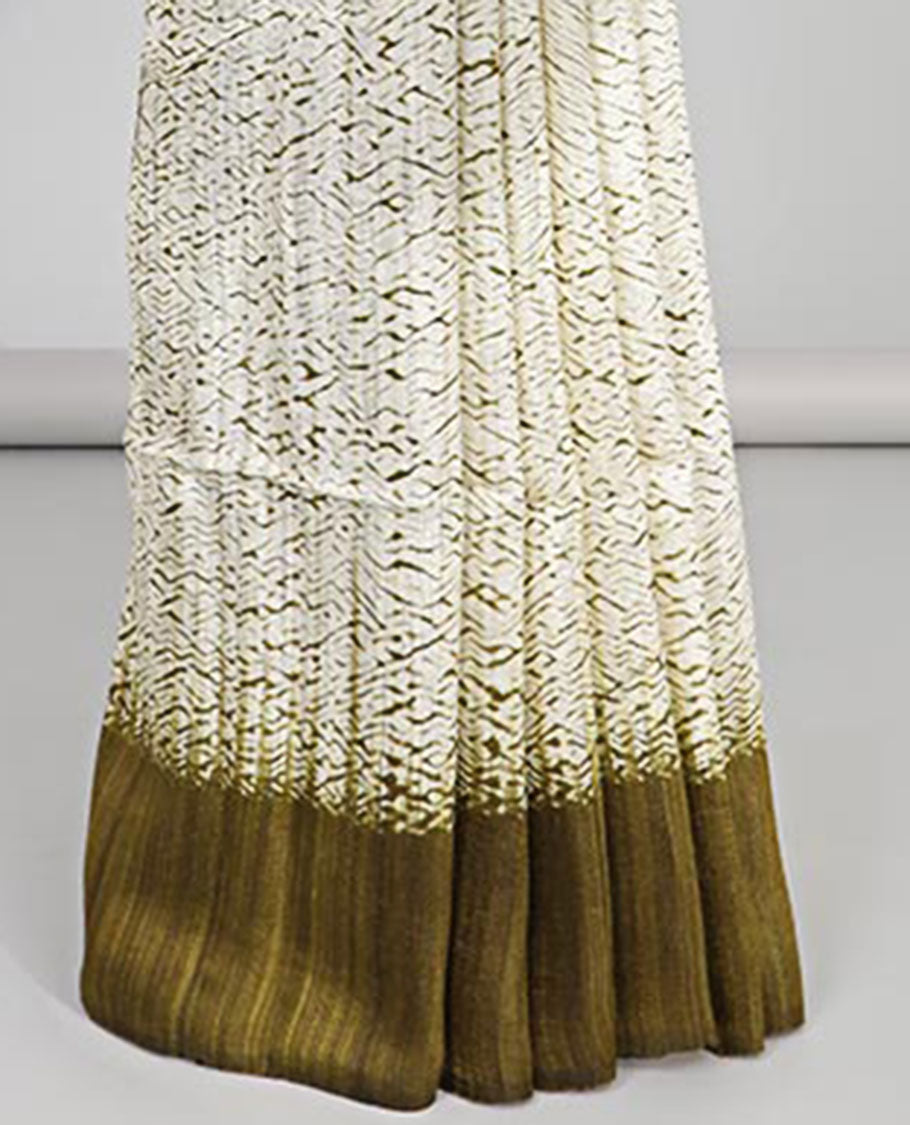 White abstract design matka silk saree with contrast plain border & green abstract design pallu