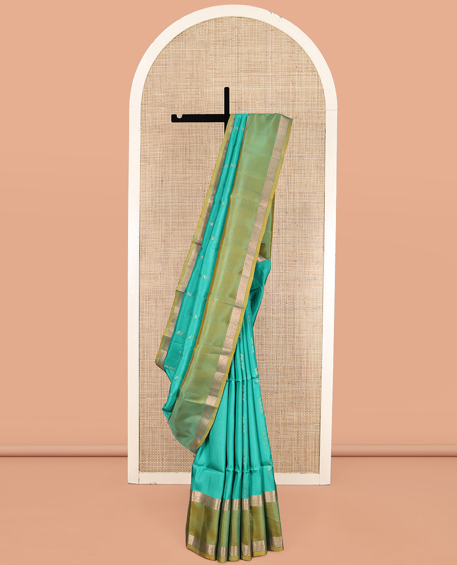 Green Uppada Silk Saree, Enriched with Zari Buttas, Complemented by a Contrast Traditional Zari Border, Grand Pallu, and a Contrast Blouse