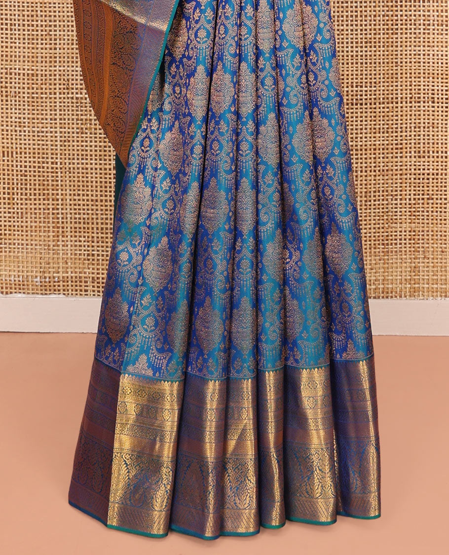 Blue Kanchipuram Wedding Silk Saree, Ornamented with Jacquard Design on Its Body, Highlighted by Zari Border of Rekku, Banaras, Cross Kamalam, Vanki, and Kodi Visiry Designs, Meticulously Crafted Pallu, and Paired with a Matching Blouse