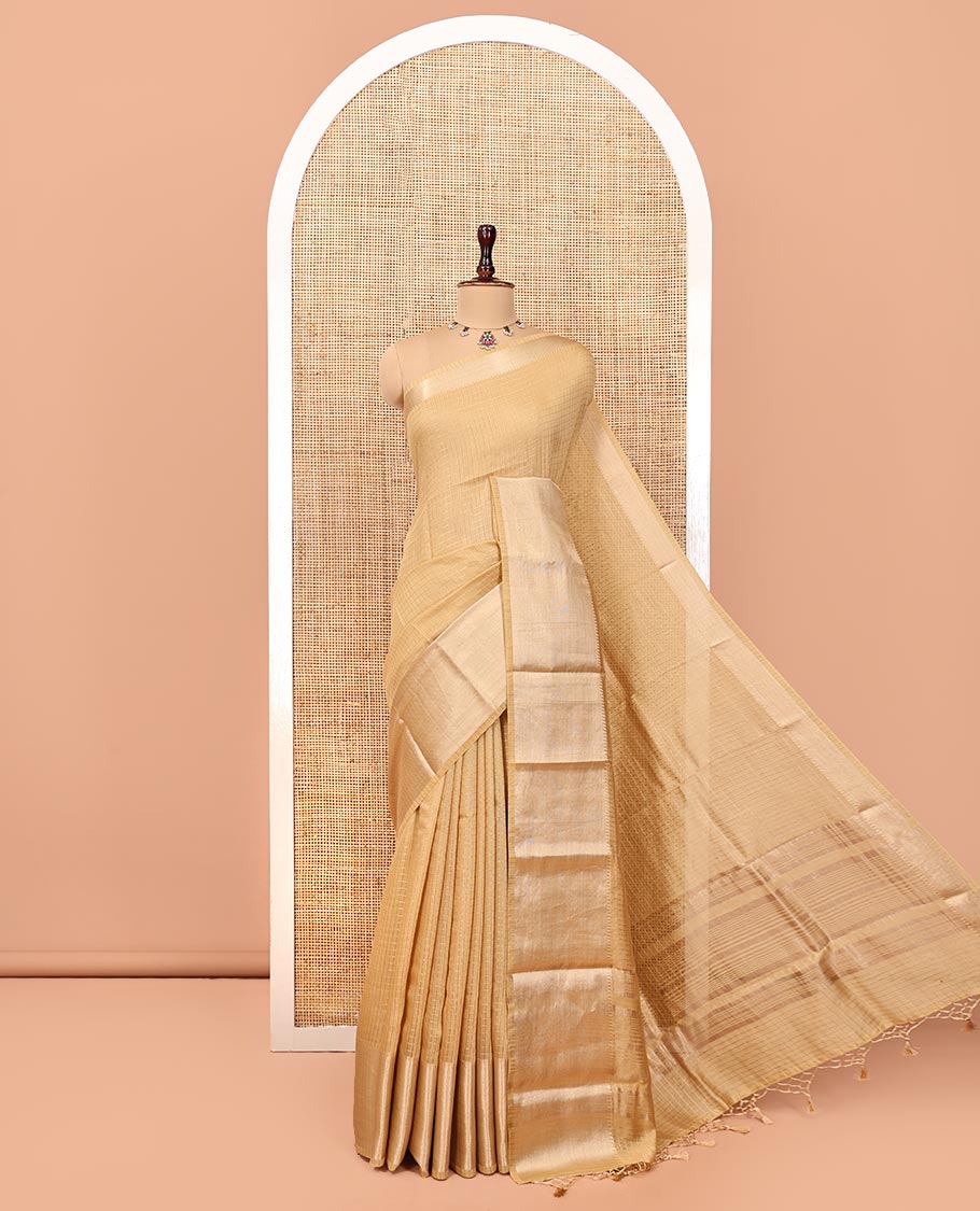 Sandal Assam Silk Saree, Sparsely Woven with Checks, Traditional Zari Border, Zari-Striped Pallu, and a Contrast Blouse