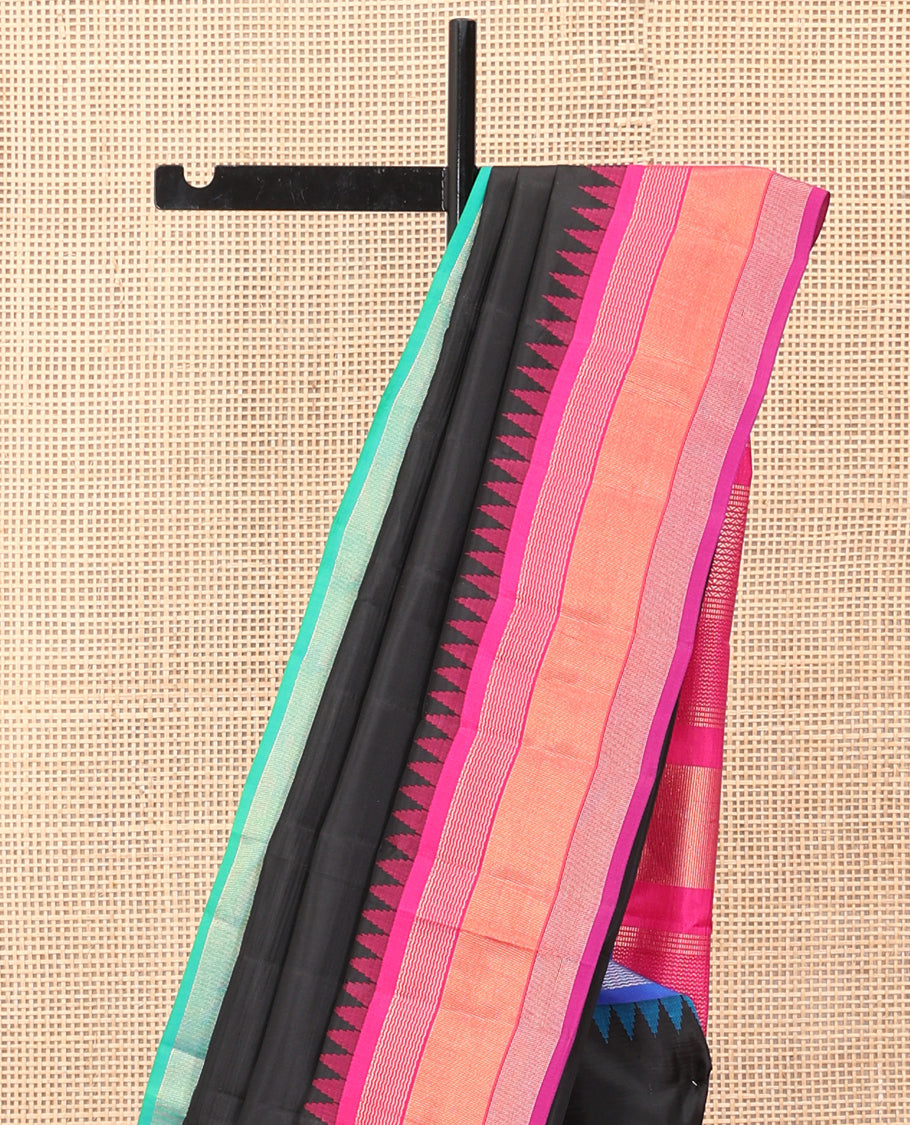Black Plain Bangalore Silk Saree, Complemented by a Contrast Temple Ganga-Jamuna Border, Temple Pallu, and a Contrast Blouse