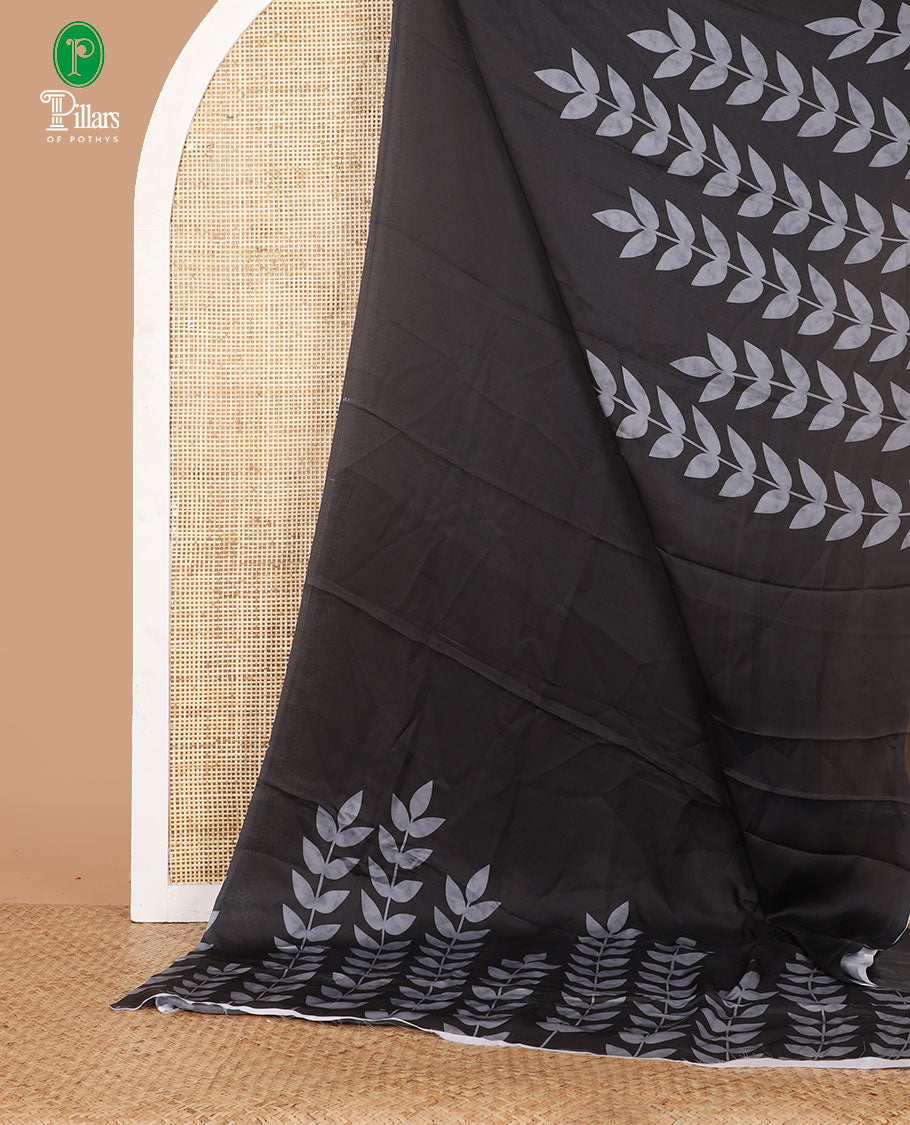 Borderless black half-half style crepe silk saree printed with grey color leaf vine design, leaf motifs printed blouse