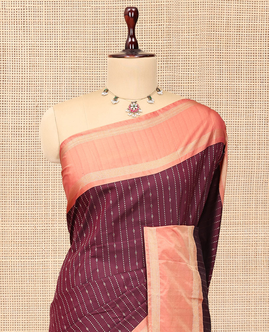 Wine Zari Striped Arani Saree, a Contrast Rettai Pettu Traditional Border, Pallu of Zari Stripes, and a Matching Blouse