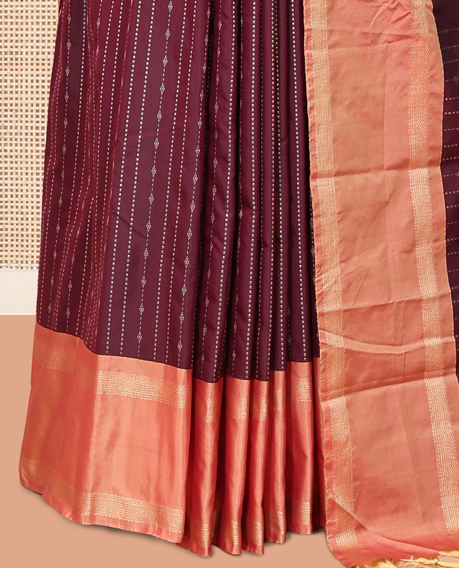 Wine Zari Striped Arani Saree, a Contrast Rettai Pettu Traditional Border, Pallu of Zari Stripes, and a Matching Blouse