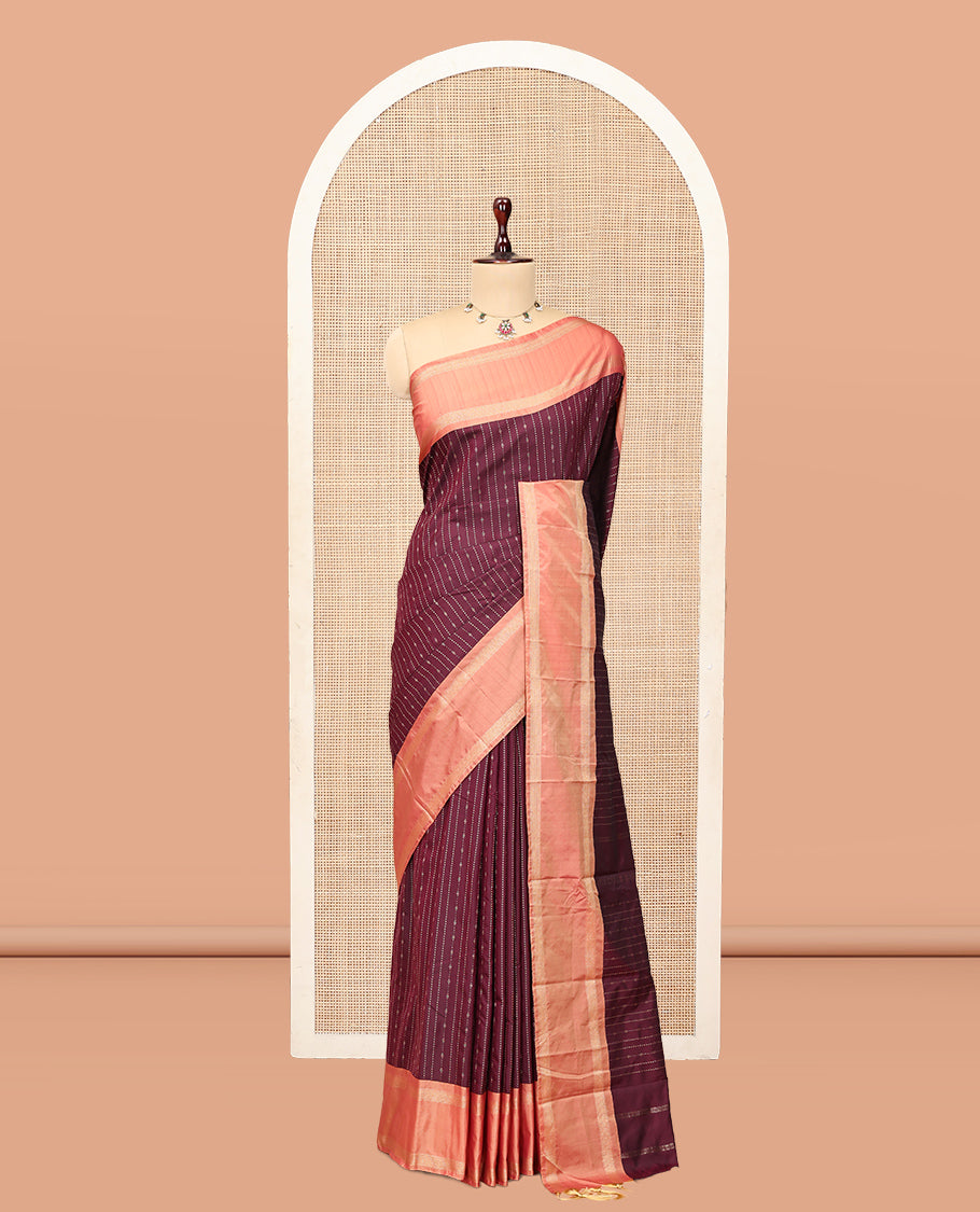 Wine Zari Striped Arani Saree, a Contrast Rettai Pettu Traditional Border, Pallu of Zari Stripes, and a Matching Blouse