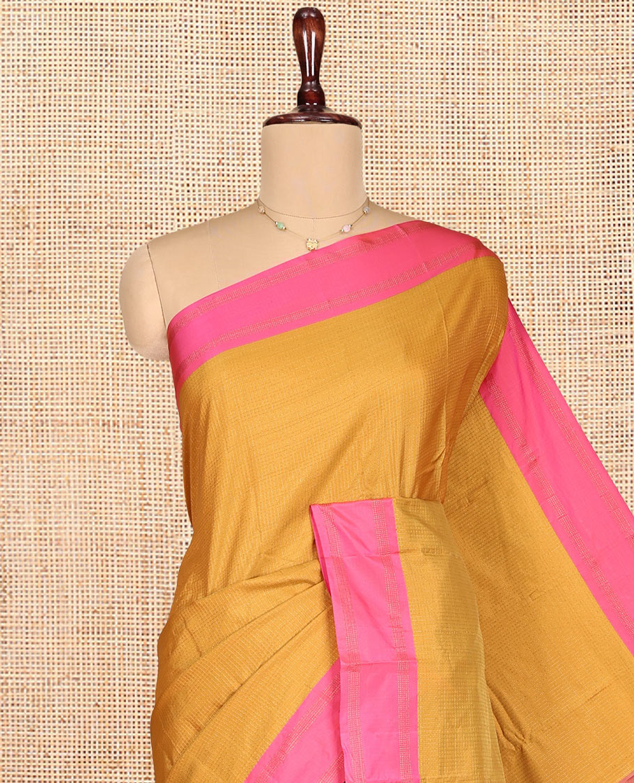 Yellow Aarani Gift Saree, Subtly Adorned with Zari Checks on Its Body, Complemented by a Contrast-Zari Striped Rettai Pettu Border, Zari Striped Pallu, and Paired with a Contrast Blouse