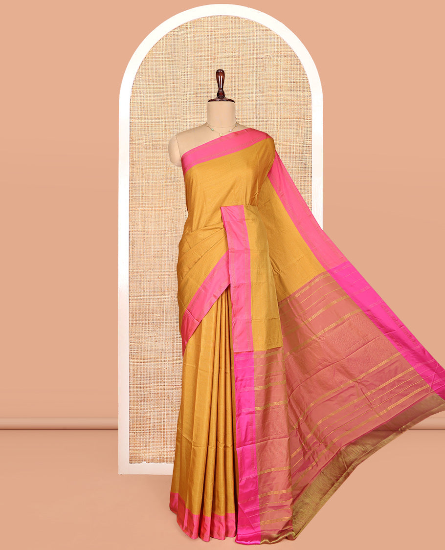 Yellow Aarani Gift Saree, Subtly Adorned with Zari Checks on Its Body, Complemented by a Contrast-Zari Striped Rettai Pettu Border, Zari Striped Pallu, and Paired with a Contrast Blouse