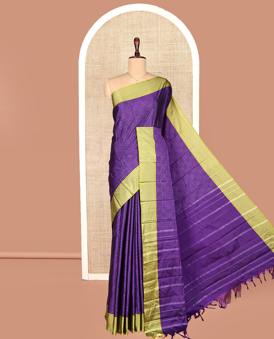 Violet Aarani Gift Saree, Steeped with Stripes on Its Body, Complemented by a Contrast Border, a Self-Pallu of Stripes, and Paired with a Matching Blouse