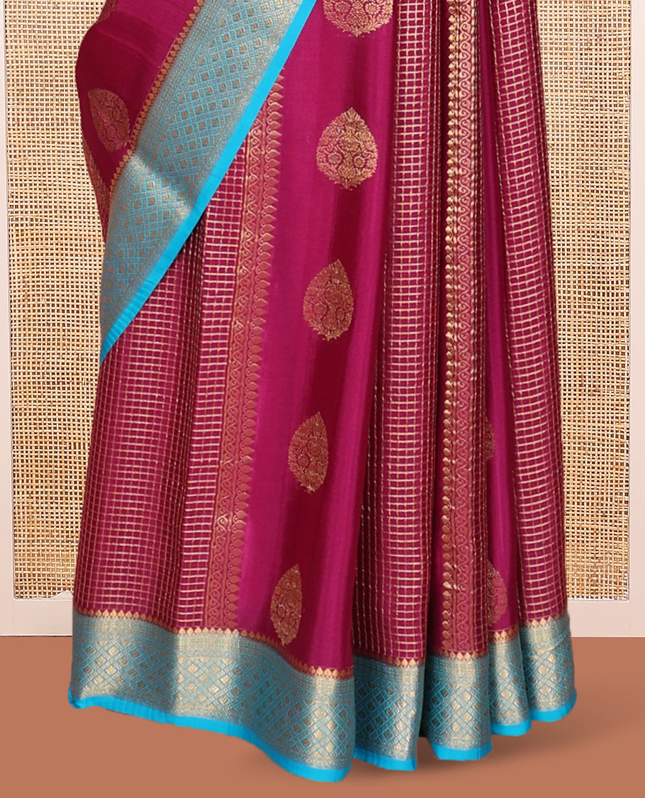 Purple Mysore Silk Saree, Decked Up with Zari Designs All Over Its Body, Complemented by Captivating Contrast Border of Traditional Zari Designs, Gleaming Zari Striped Pallu, and Paired with a Contrast Blouse