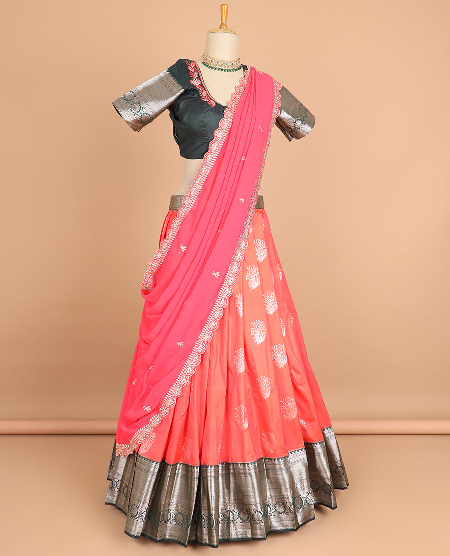 Red floral buttas art silk half saree with contrast zari design border , floral stone embroidery blouse & floral embroidered scallop border dhavani