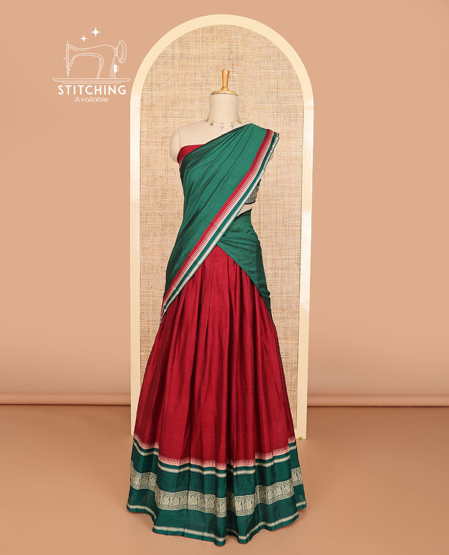 Red cotton half saree with contrast zari design border, zari design blouse & plain, intricate zari design border dhavani