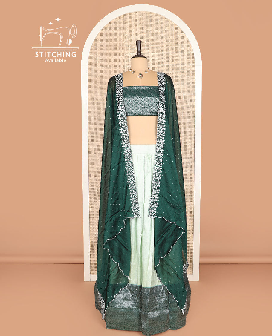 Pale green art silk half-saree, sparsely woven design with contrast traditional zari border skirt, contrast jacquard blouse, and scallop embroidered dhavani