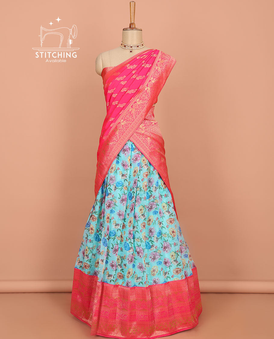 Blue floral printed art silk half saree, contrast traditional design border, jacquard blouse & intricate dhavani