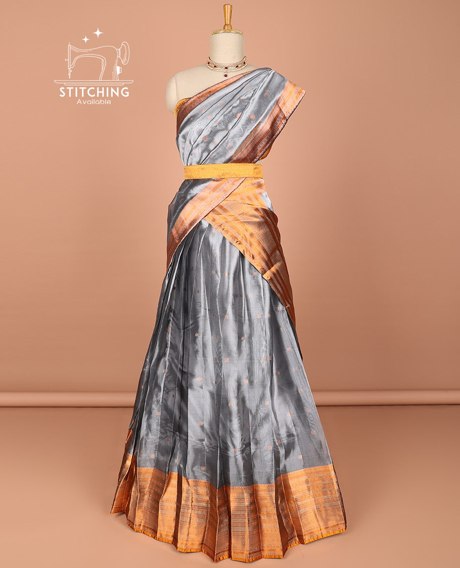 Grey buttas half saree with contrast sriped border, zari design border & intricate zari dhavani