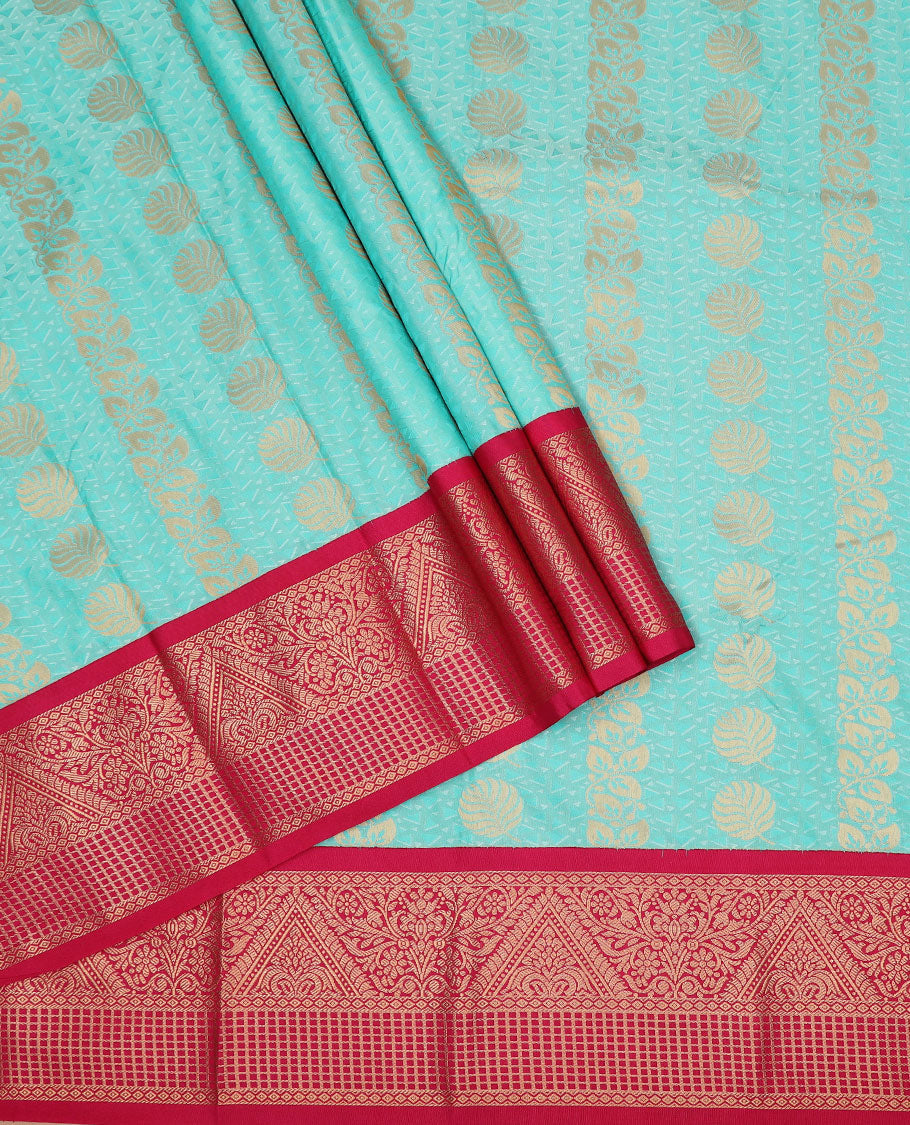 Powder blue art silk material pavadai set, zari buttas pavadai, contrast blouse & traditional zari border