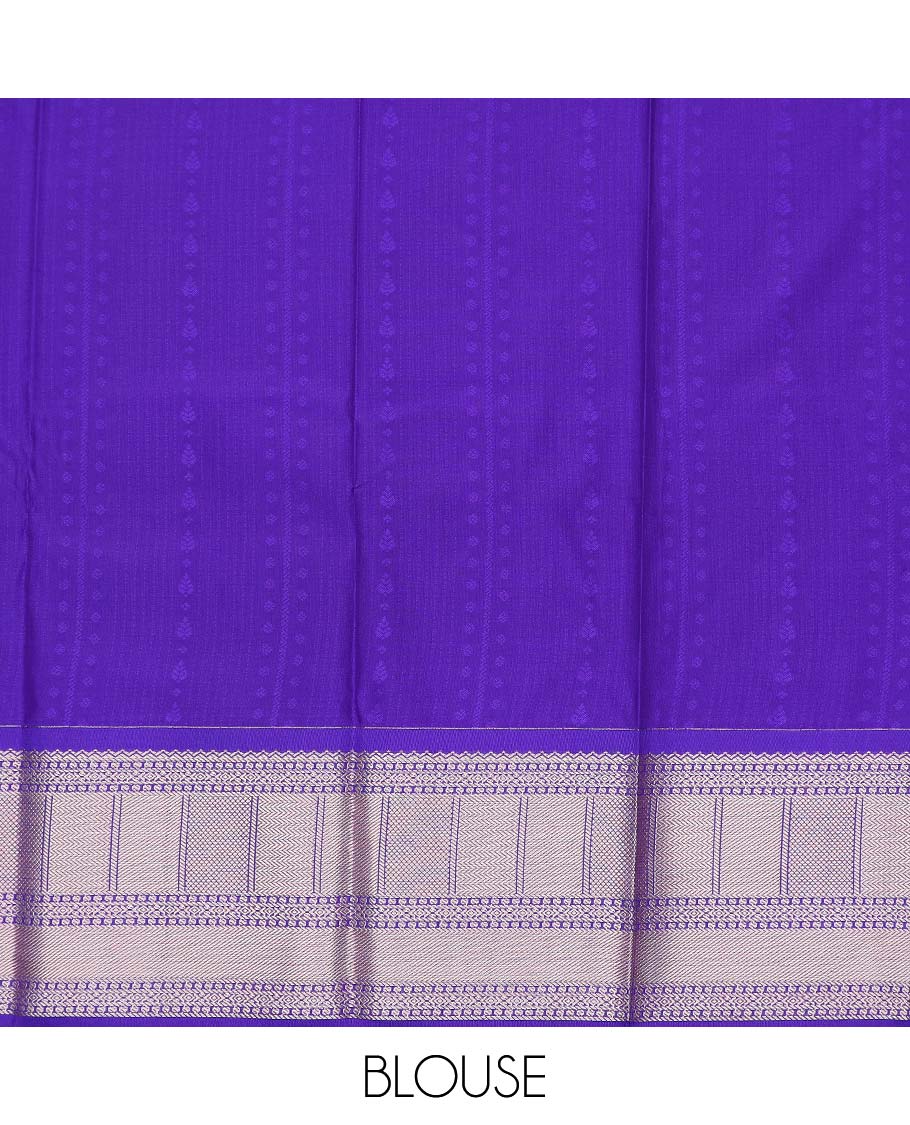 Blue art silk pavadai material, zari design with contrast traditional zari border skirt, a contrast bordered blouse