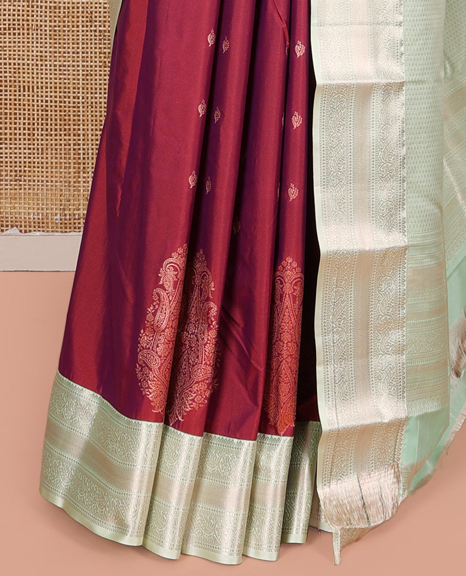 Orange Budget Silk Saree, Spotlighted with Zari Buttas on Its Body, Complemented by a Contrast Traditional Zari Design Border, Jaal Pallu, and Paired with a Contrast Blouse