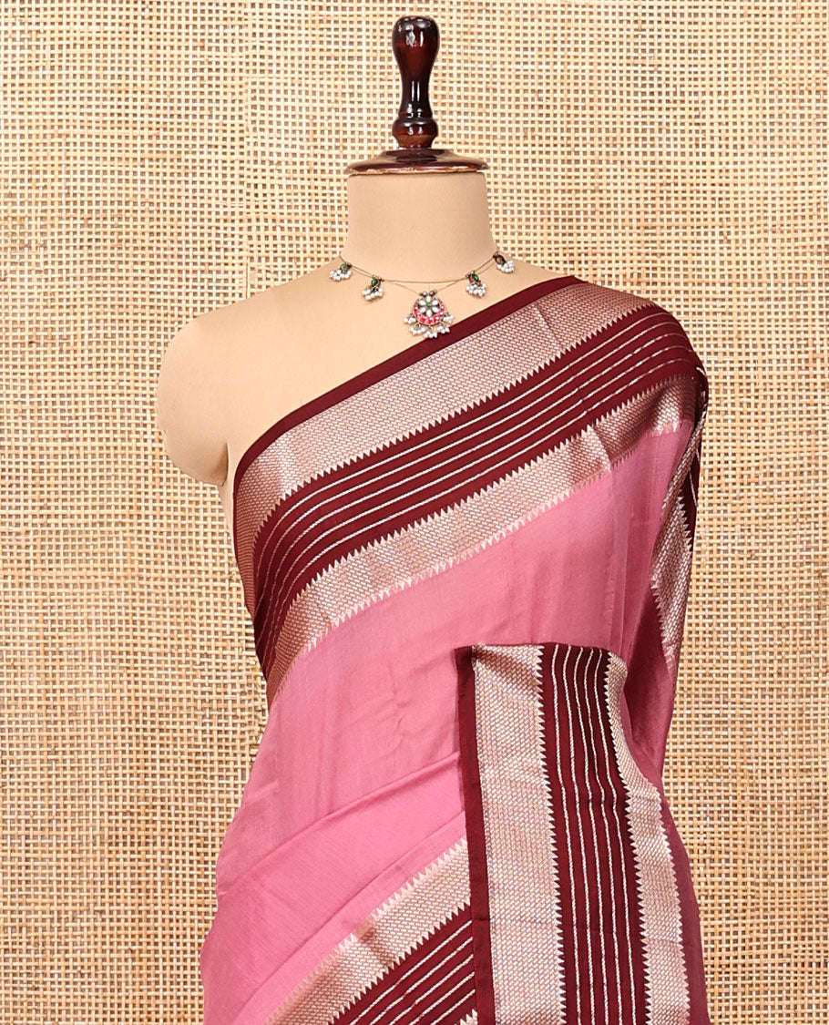 Pink Plain Assam Silk Saree, Complemented by Contrast Traditional Zari Border, Striped Pallu, and Contrast Blouse