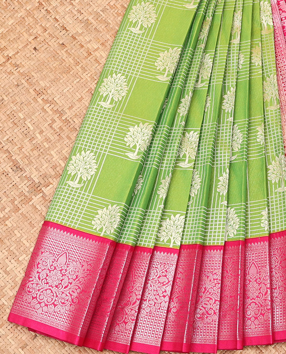 Green Budget Silk Saree, Elevated with Tree Butta Enclosed Checked Design All Over Its Body, Complemented by a Contrast Traditional Zari Design Border, Pallu of Paisleys, and Paired with a Contrast Blouse