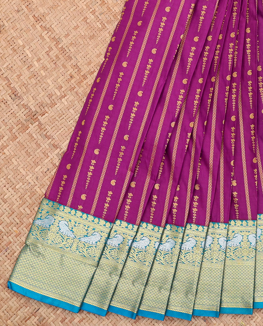 Rani Pink Budget Silk Saree, Accentuated with Zari Buttas on Its Body, Complemented by a Contrast Traditional Zari Border, Grand Jaal Pallu, and Paired with a Contrast Blouse
