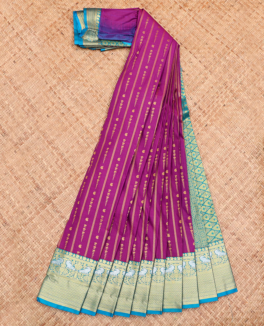 Rani Pink Budget Silk Saree, Accentuated with Zari Buttas on Its Body, Complemented by a Contrast Traditional Zari Border, Grand Jaal Pallu, and Paired with a Contrast Blouse