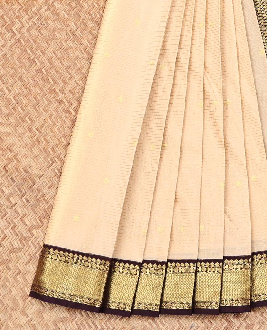 Sandal Budget Silk Saree, Sparsely Threaded with Buttas and Stripes on Its Body, Complemented by a Contrast Traditional Zari Design Border, Intricately Designed Pallu, and Paired with a Contrast Blouse