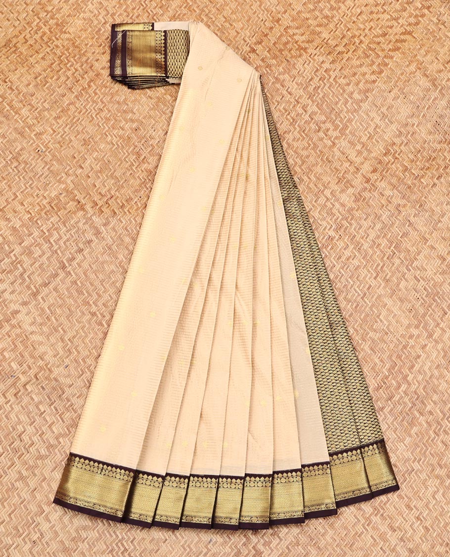 Sandal Budget Silk Saree, Sparsely Threaded with Buttas and Stripes on Its Body, Complemented by a Contrast Traditional Zari Design Border, Intricately Designed Pallu, and Paired with a Contrast Blouse